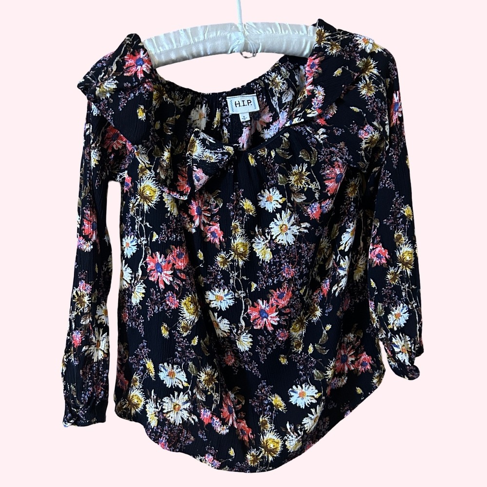 H.I.P. Floral Off-the-Shoulder‎ Ruffle Blouse Small Black Wildflower
